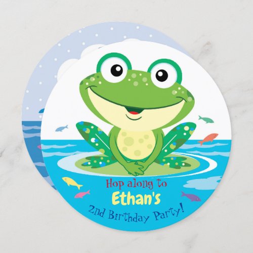 Happy Green Frog in Pond 2nd Birthday Party Invitation