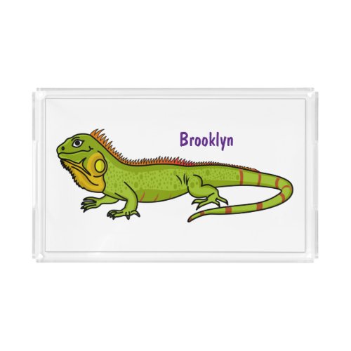 Happy green iguana cartoon illustration acrylic tray