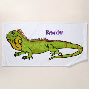 Happy green iguana cartoon illustration beach towel