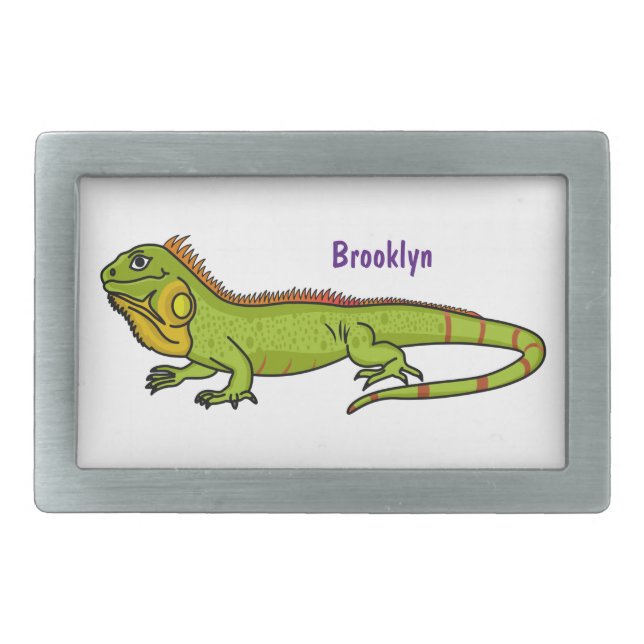 Happy green iguana cartoon illustration belt buckle (Front)