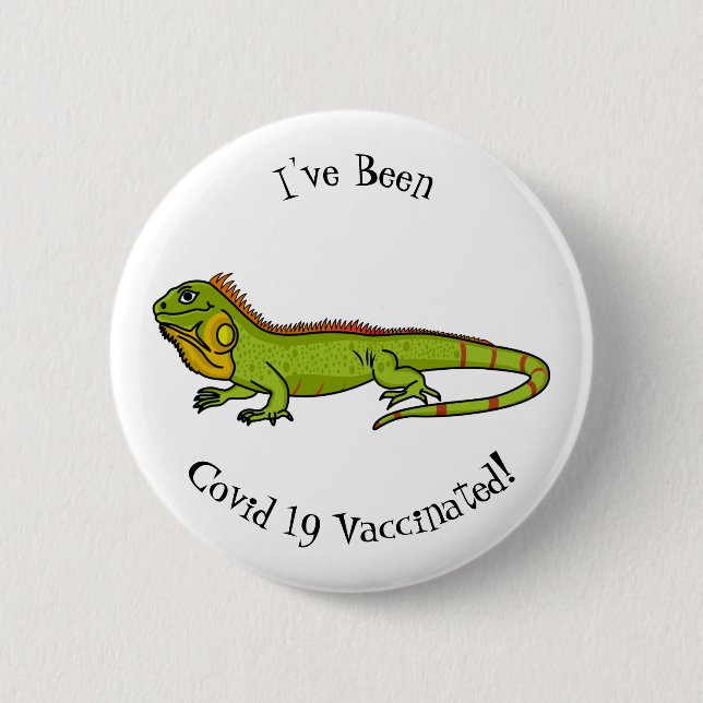 Happy green iguana cartoon illustration button (Front)