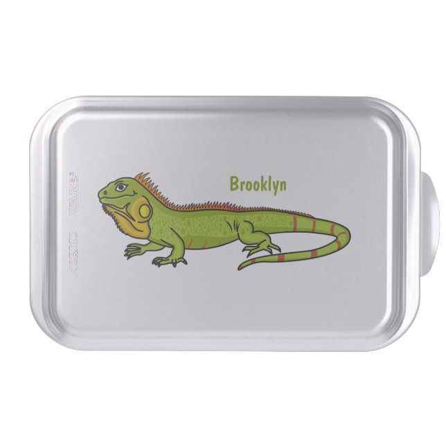 Happy green iguana cartoon illustration cake pan (Front)