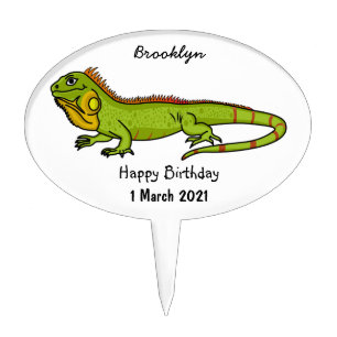 Happy green iguana cartoon illustration cake topper