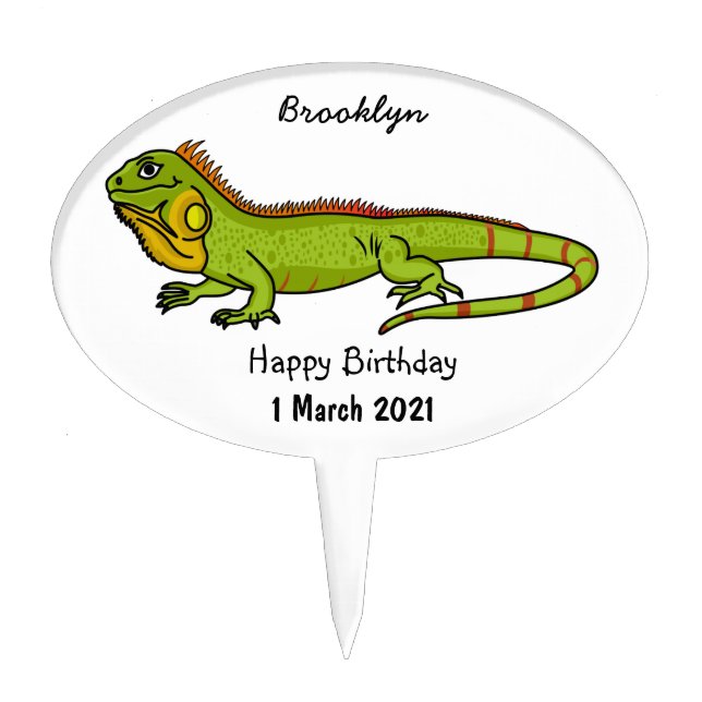 Happy green iguana cartoon illustration cake topper (Front)