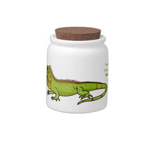 Happy green iguana cartoon illustration candy jar