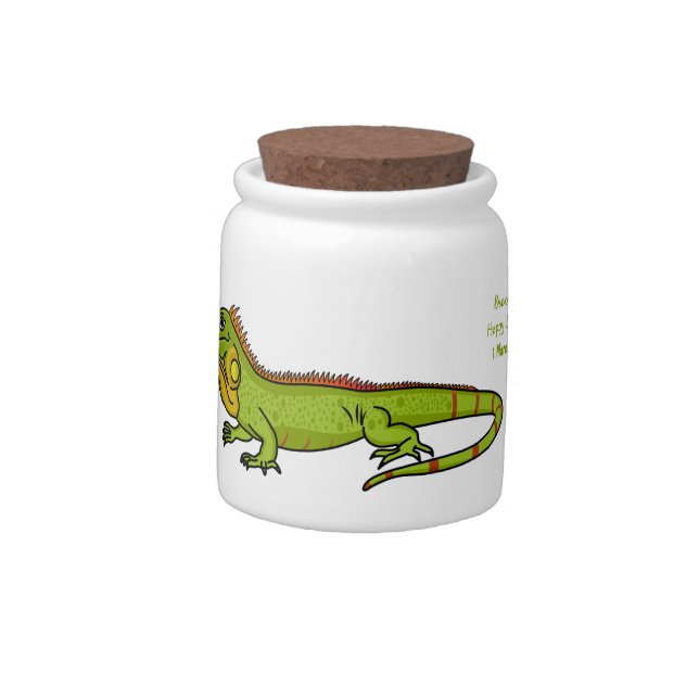 Happy green iguana cartoon illustration candy jar (Left)