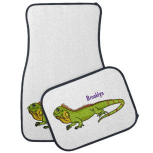 Happy green iguana cartoon illustration car floor mat