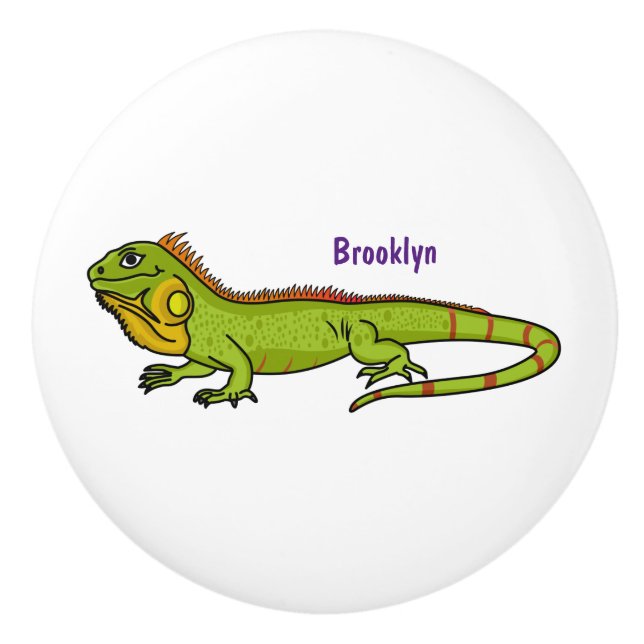Happy green iguana cartoon illustration ceramic knob (Front)