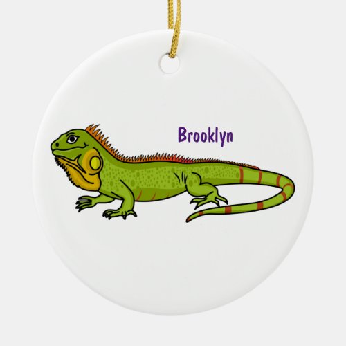 Happy green iguana cartoon illustration ceramic ornament