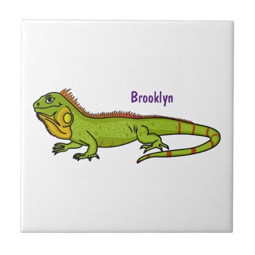 Happy green iguana cartoon illustration ceramic tile