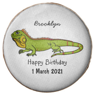 Happy green iguana cartoon illustration chocolate covered oreo