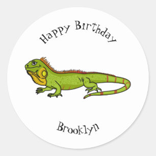 Happy green iguana cartoon illustration classic round sticker