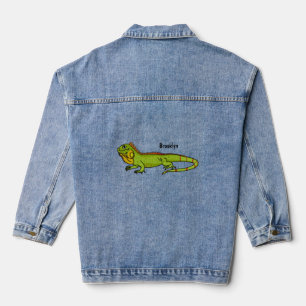 Happy green iguana cartoon illustration denim jacket