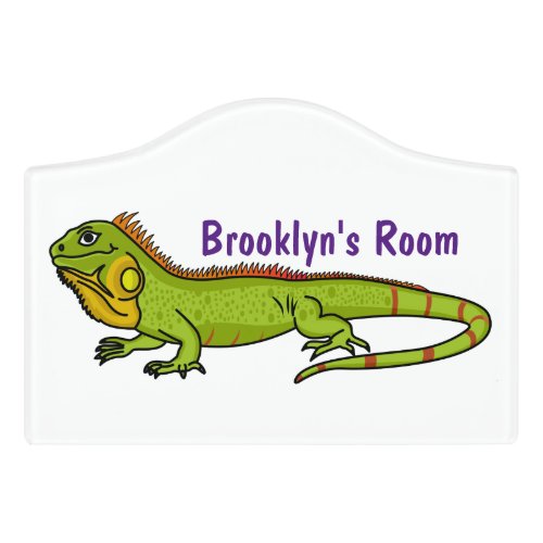 Happy green iguana cartoon illustration door sign