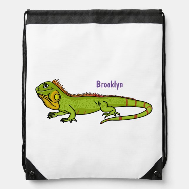 Happy green iguana cartoon illustration drawstring bag (Front)