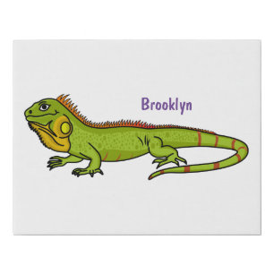 Happy green iguana cartoon illustration faux canvas print