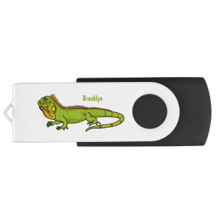 Happy green iguana cartoon illustration flash drive