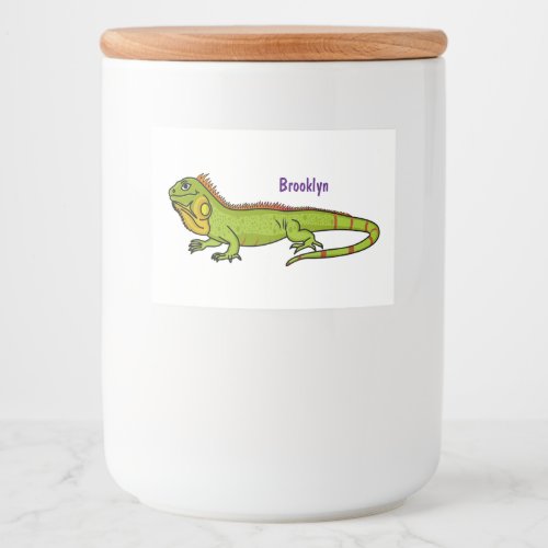 Happy green iguana cartoon illustration food label