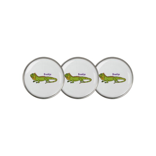 Happy green iguana cartoon illustration golf ball marker (3 Up)