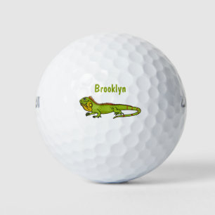 Happy green iguana cartoon illustration golf balls