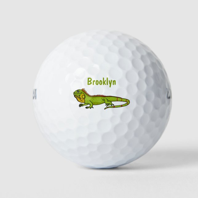 Happy green iguana cartoon illustration golf balls (Front)