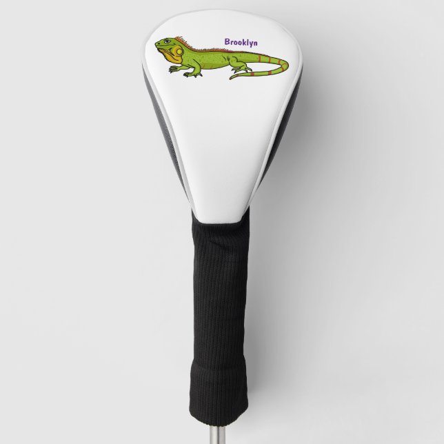 Happy green iguana cartoon illustration golf head cover (Front)