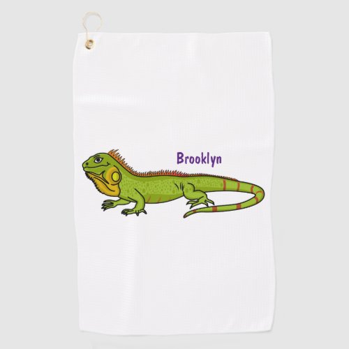 Happy green iguana cartoon illustration golf towel