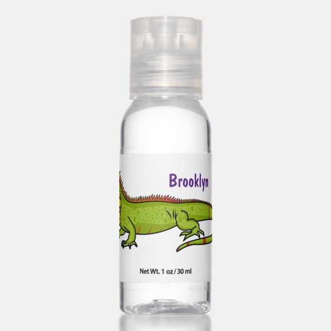 Happy green iguana cartoon illustration hand sanitizer (Front)