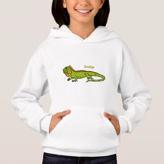 Happy green iguana cartoon illustration hoodie (Front)