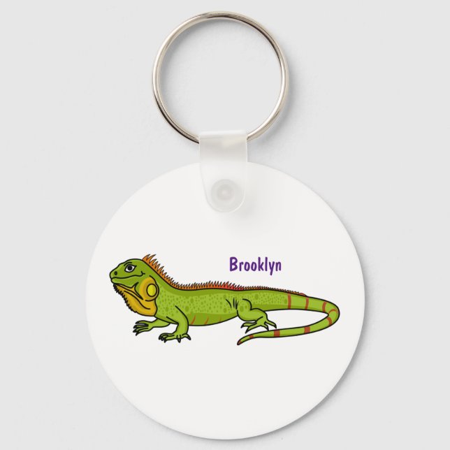 Happy green iguana cartoon illustration keychain (Front)