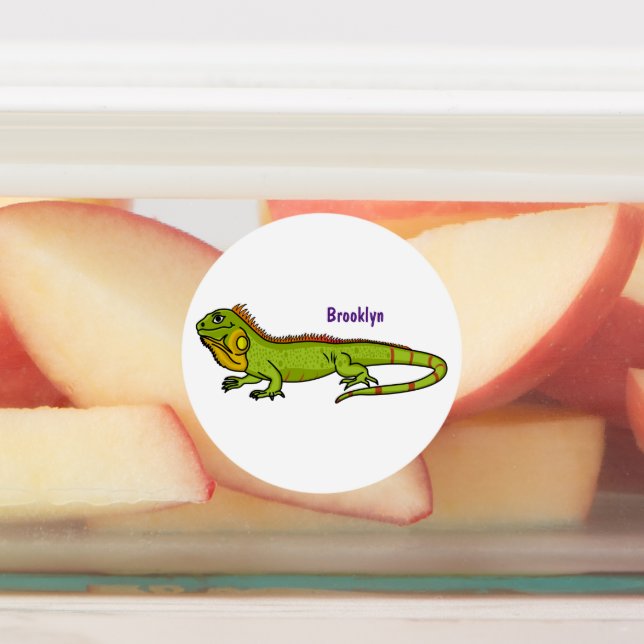 Happy green iguana cartoon illustration labels (Affixed)
