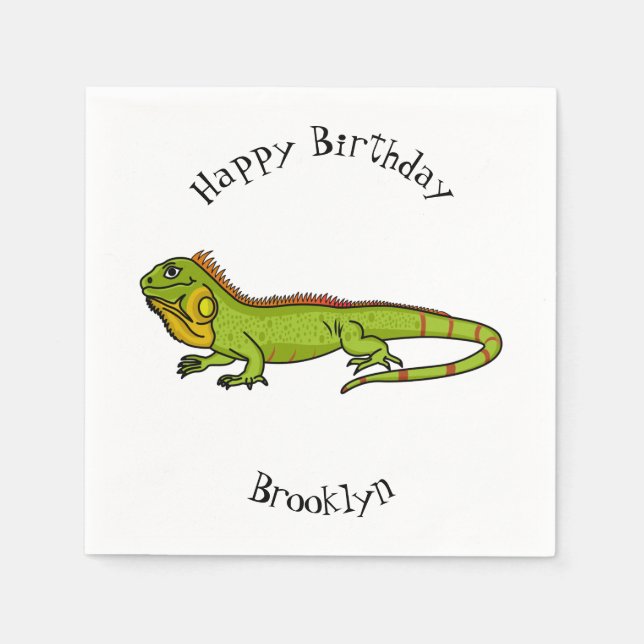 Happy green iguana cartoon illustration napkins (Front)