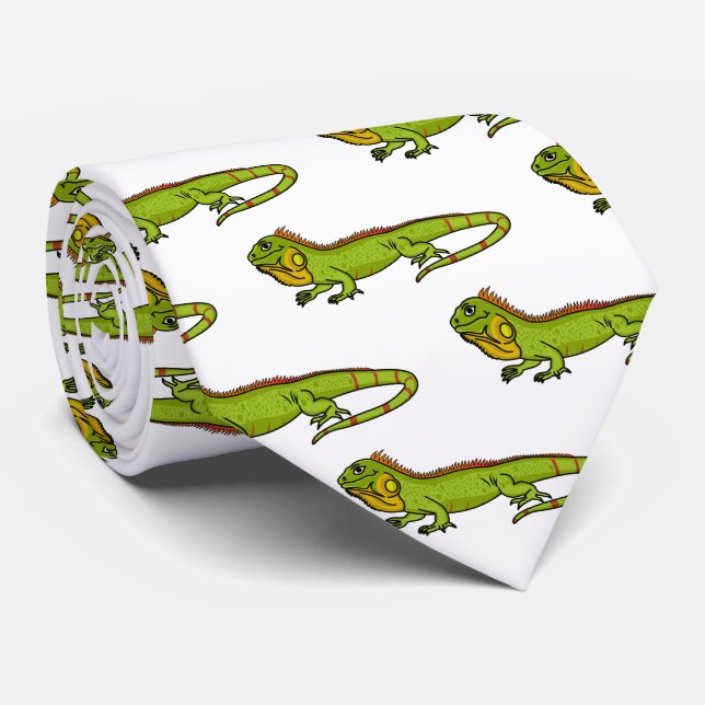Happy green iguana cartoon illustration neck tie (Rolled)