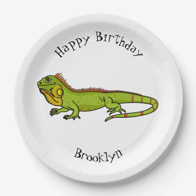 Happy green iguana cartoon illustration paper plates (Front)