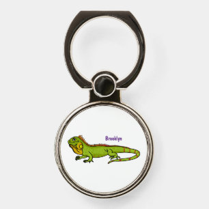 Happy green iguana cartoon illustration phone ring stand