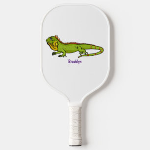 Happy green iguana cartoon illustration  pickleball paddle