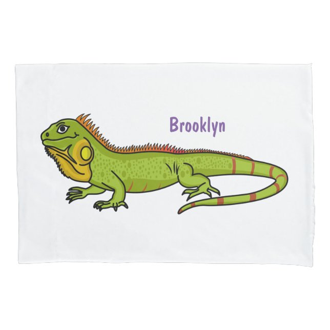 Happy green iguana cartoon illustration pillow case (Front)