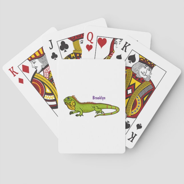 Happy green iguana cartoon illustration poker cards (Back)