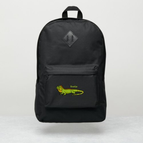 Happy green iguana cartoon illustration port authority backpack