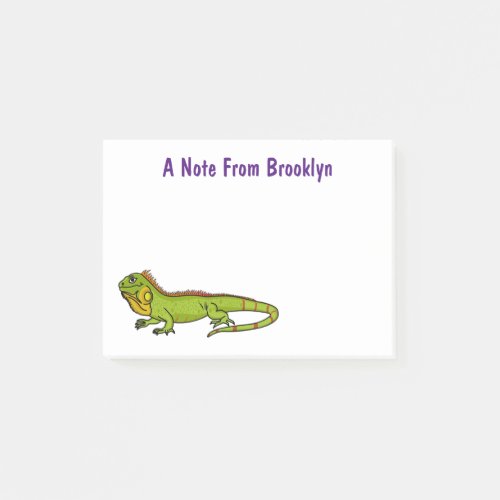 Happy green iguana cartoon illustration post_it notes