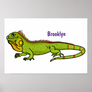 Happy green iguana cartoon illustration poster