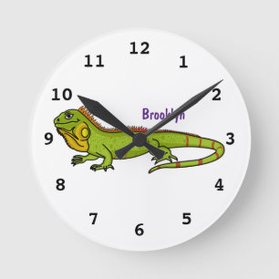 happy green iguana cartoon illustration round clock