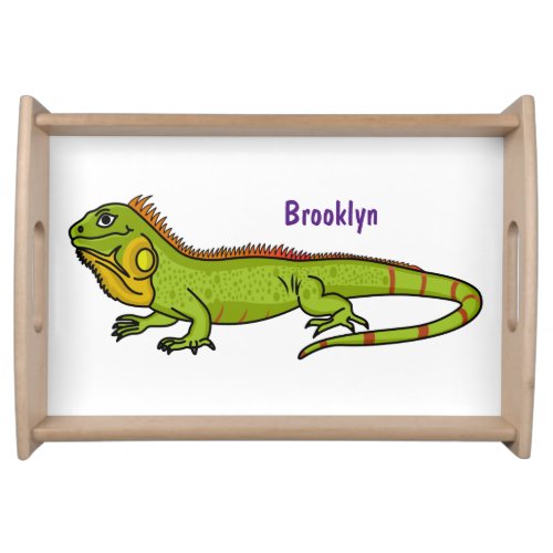 Happy green iguana cartoon illustration serving tray