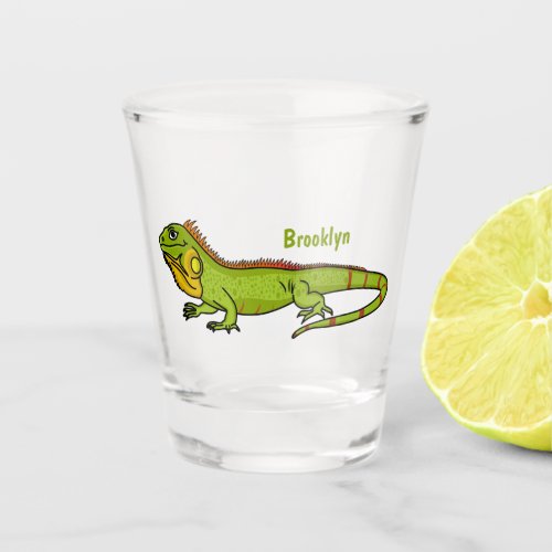 Happy green iguana cartoon illustration shot glass