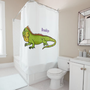 Happy green iguana cartoon illustration shower curtain