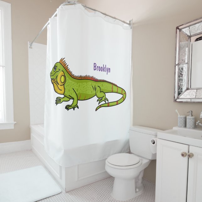 Happy green iguana cartoon illustration  shower curtain (In Situ)