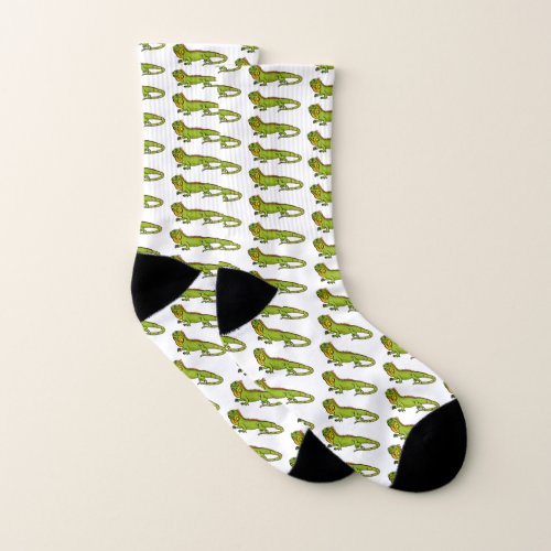 Happy green iguana cartoon illustration socks