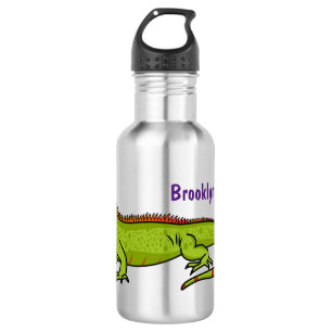 happy green iguana cartoon illustration stainless steel water bottle