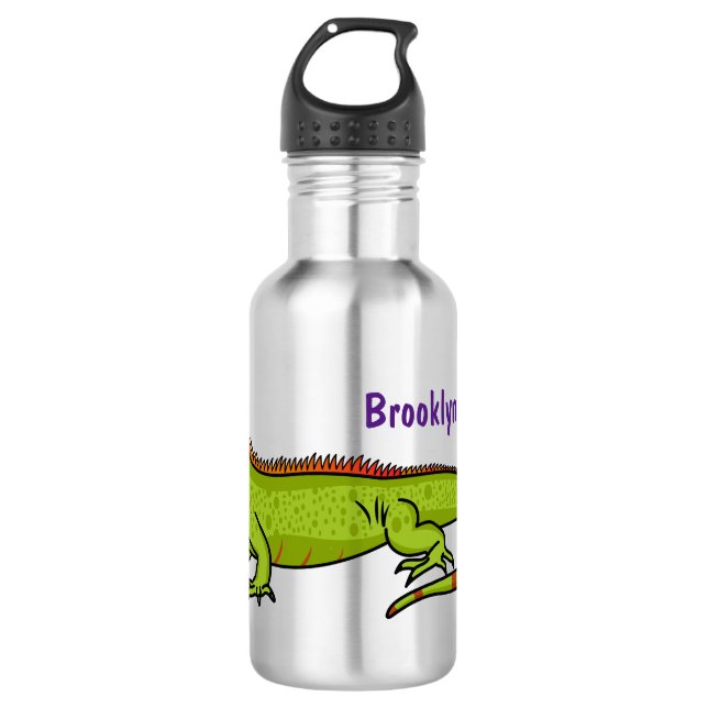 happy green iguana cartoon illustration stainless steel water bottle (Front)