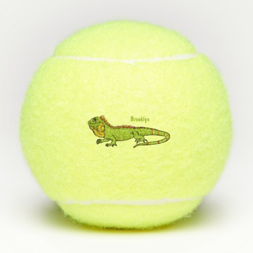 Happy green iguana cartoon illustration tennis balls
